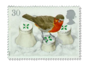 1995 GB1898 Christmas Robins European robin on snow-covered milk bottles