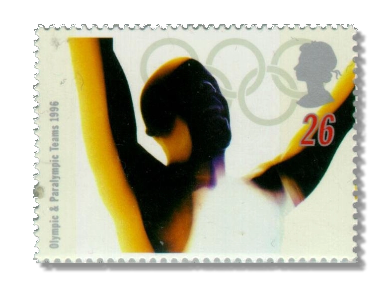 Athlete celebrating and Olympic Rings
