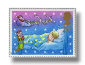 Sleeping child and Father Christmas in sleigh